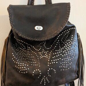 Women's Brown Leather Studded Fringe Backpack